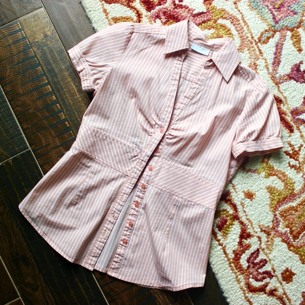 New York & Company Pink Pin Striped Fitted Button Up Blouse | Size S | Stretch
